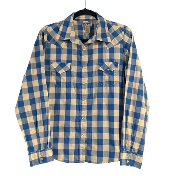 Wrangler ladies wrancher shirts blue and white plaid pearl snap button down L - Picture 1 of 7